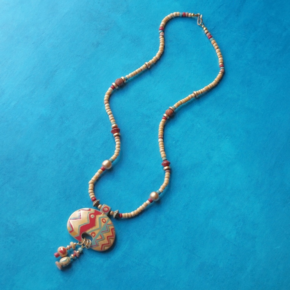 1990s Beaded Wood Tribal Necklace — Patterned Medallion Pendant, 26" Length